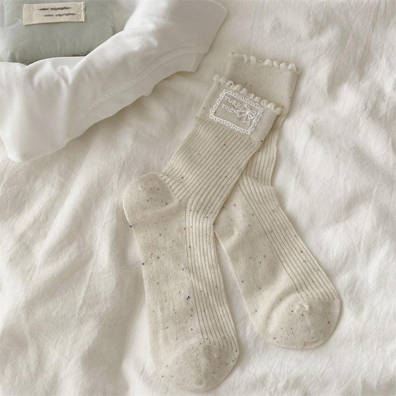 Thin Lace Labeled Bow Socks Internet Celebrity Popular Breathable Cotton Mid-Leg Socks Stacked Socks