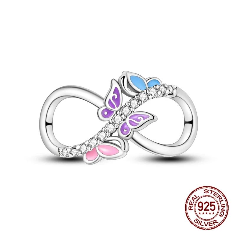 925 Sterling Silber Lila Perlen Blume Schmetterling Hänge Charm Passend 4MM Lochdurchmesser Armband Halskette 925 Schmuck Geschenkherstellung