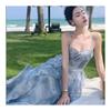 Coffee Break French Blue Suspender Dress Women's Summer New Seaside Vacation Beach Dress Sunset Fairy Skirt