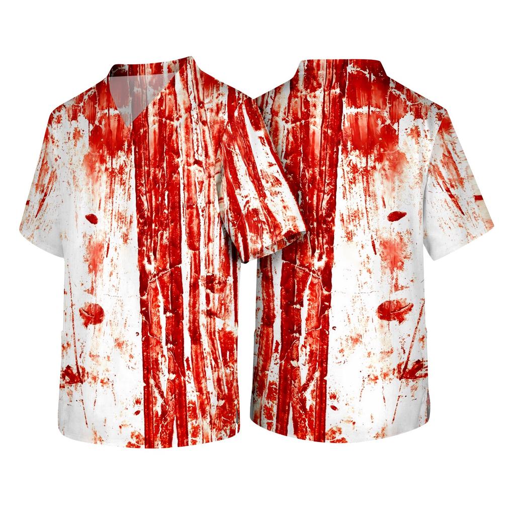 Men's Halloween Print V Neck Medical Scrub Top with Chest Pocket Short Sleeve Lightweight Comfortable Work Shirt for Healthcare Professionals