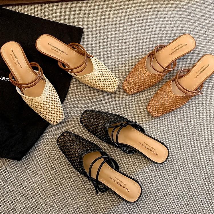 Vintage Woven Women's Lazy Closed-Toe Mules - French Fairy Style Block Heel Vacation Shoes