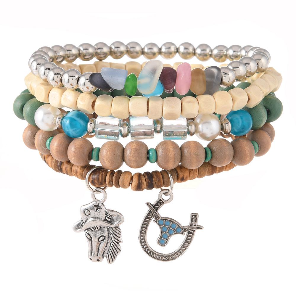 Bohemian Coconut Shell Beads & Crushed Stone Horseshoe Pendant Bracelet Set - 5 Pieces