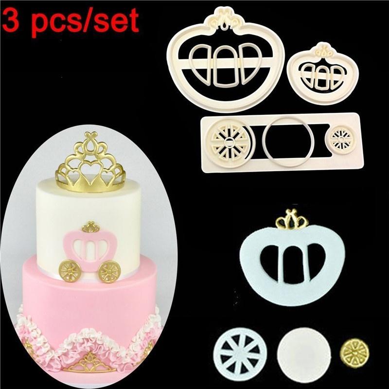 3 Pcs/set Princess Carriage Print Plunger Fondant Cake Mold Plastic Cookie Cutter