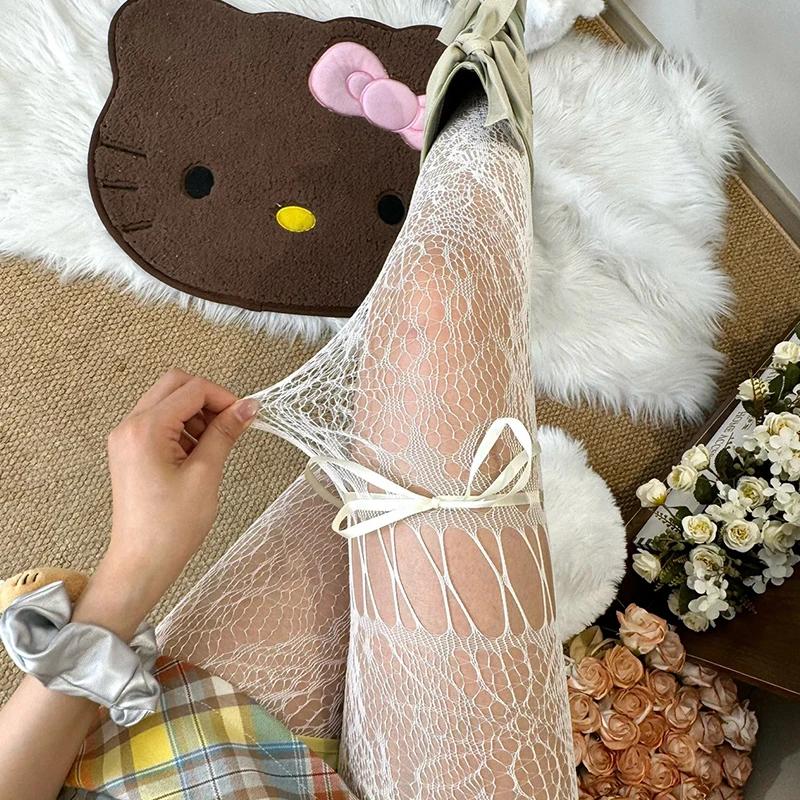 2025 Y2K Lolita Women Lace Up Tights Classic Lace Mesh Hollow Out Stocking Bottomed Pantyhose Retro Rattan Stocking
