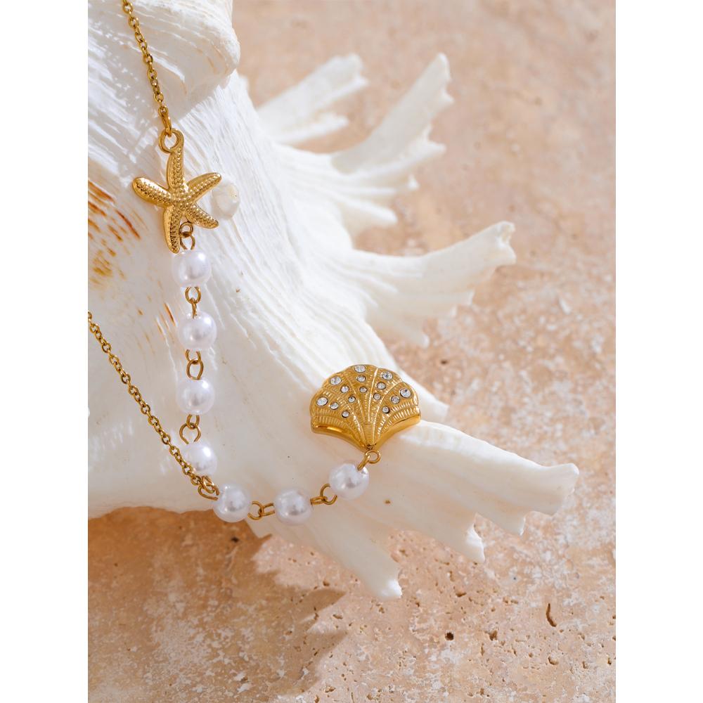 Yhpup Trendy Simulated Pearls Bead Chain Pendant Shell Zircon Necklace 18K PVD Plated High Quality Fashion Summer Jewelry