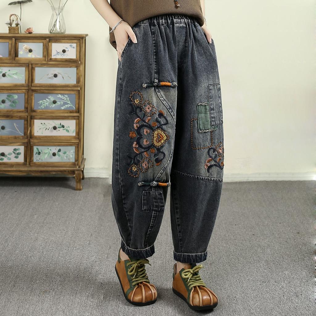 Herbst Neu Elastische Taille Groß Retro Chinesische Stickerei Jeans Harems Hose Damen