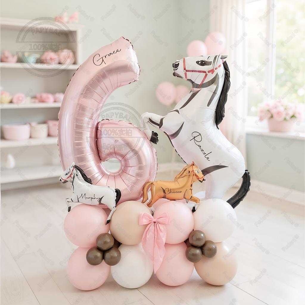 35pcs Horse Farm Party Themed Balloon Kit with 32inch Large Pink Number Baloons Western Cowgirl 1-9 Years Birthday Party Supplie