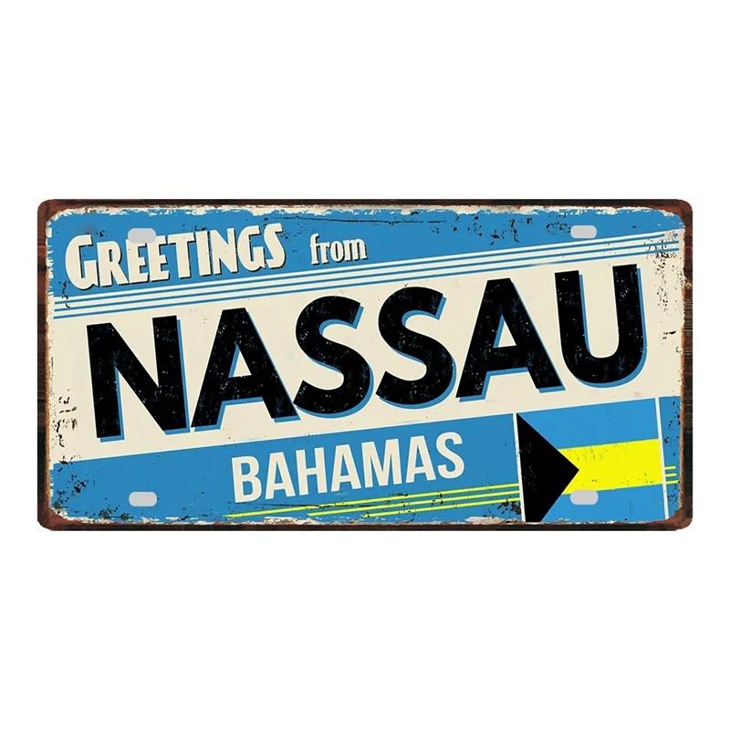 Negril Nassau Santiago Romania Greetings From City Car License Plate Vintage Metal Tin Sign Home Decor Wall Art 6x12Inch KL-0556