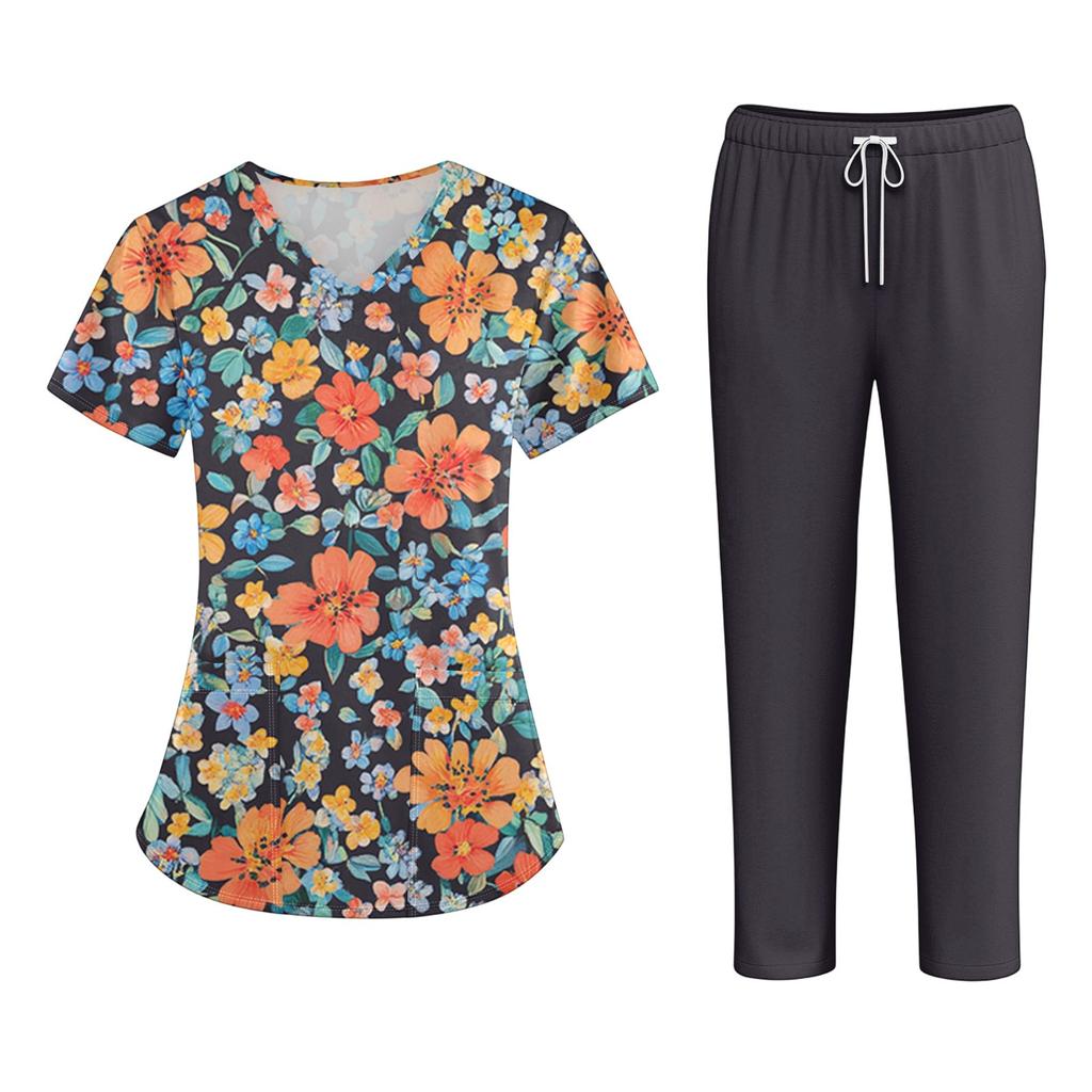 Plus SizePrinted Scrub Working Uniform Tops para mulheres Cross V-neck Halloween Print manga curta camisetas divertidas Workwear Tee com bolsos