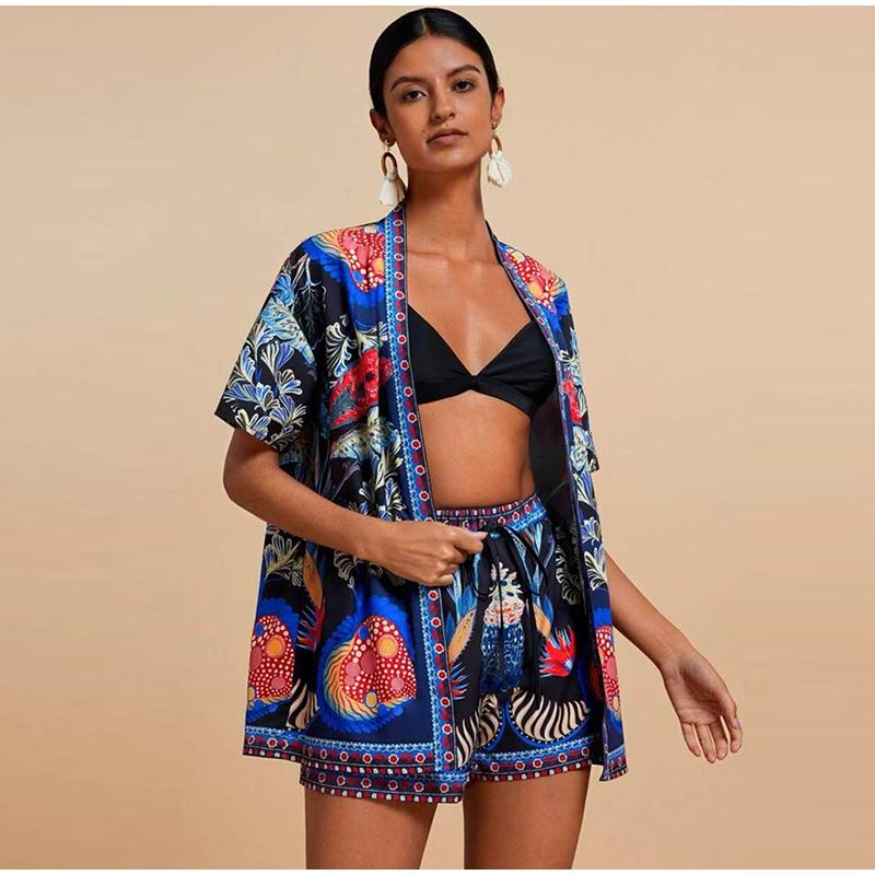

2025 New Hot Summer Hawaiian Style Shorts Set Women Printed Short-sleeved Shirt Blouse Shorts 2-piece Set Beach Vacation Suit S королівський синій колір