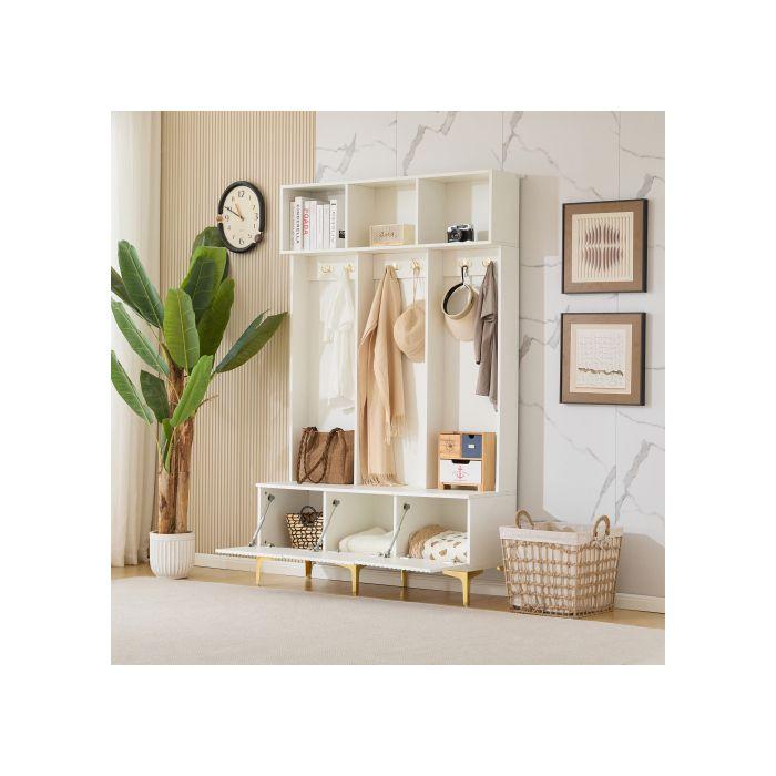 Meuble D’entrée - MUVOE - Ensemble Vestiaire Avec Banc - 6 Crochets - Blanc - Design Contemporain