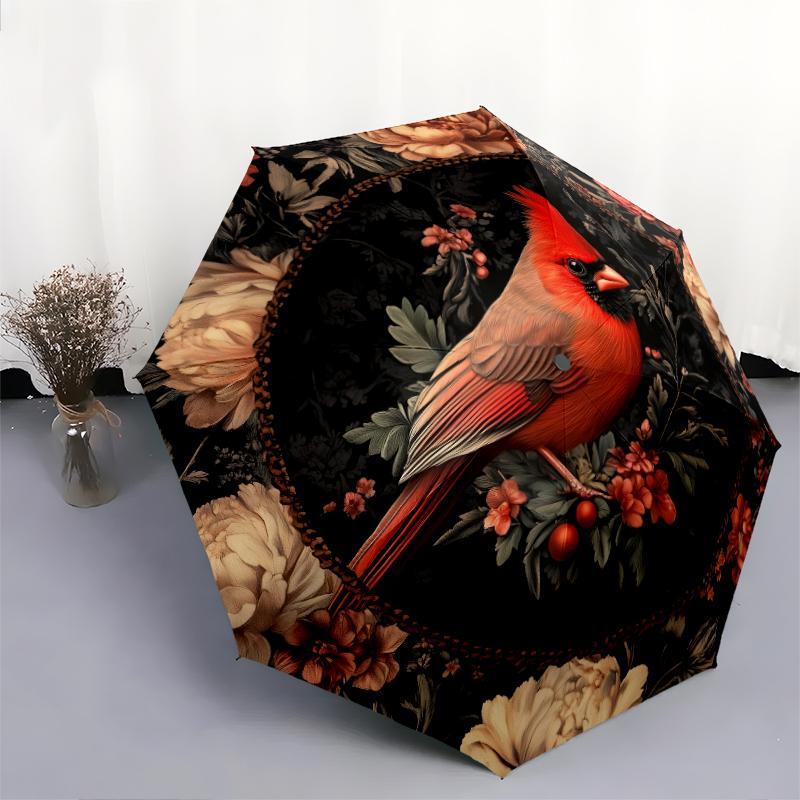 Cardinal and Bee pattern, automatic folding umbrella, portable and foldable design, 8 ribs, a Christmas or birthday gift.