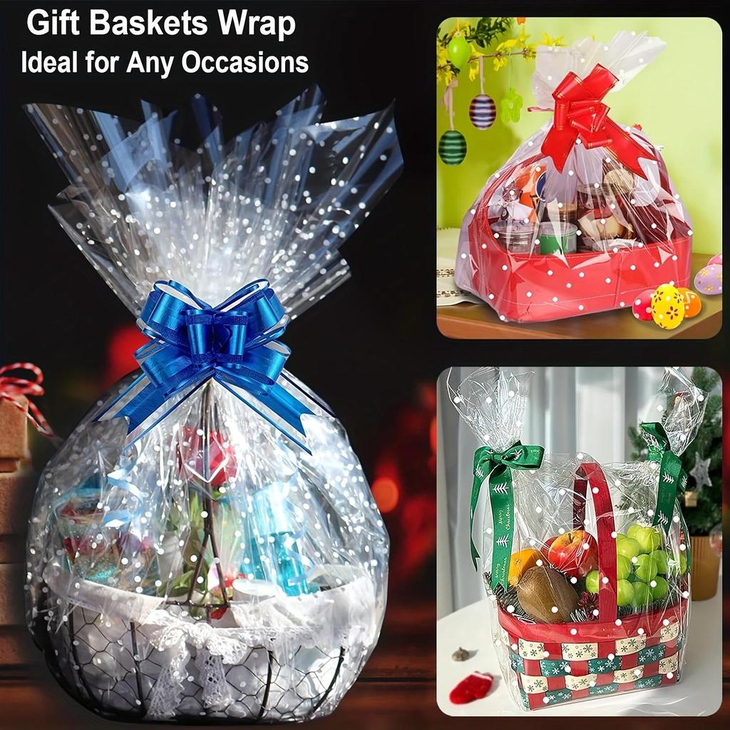 80cm*30m/31.49in*98.42ft Beyaz Puantiyeli Şeffaf Selofan Ambalaj Rulosu, Hediye Sepetleri, Çiçekler, Sevgililer Günü için Büyük Boy Kristal Selofan Rulo