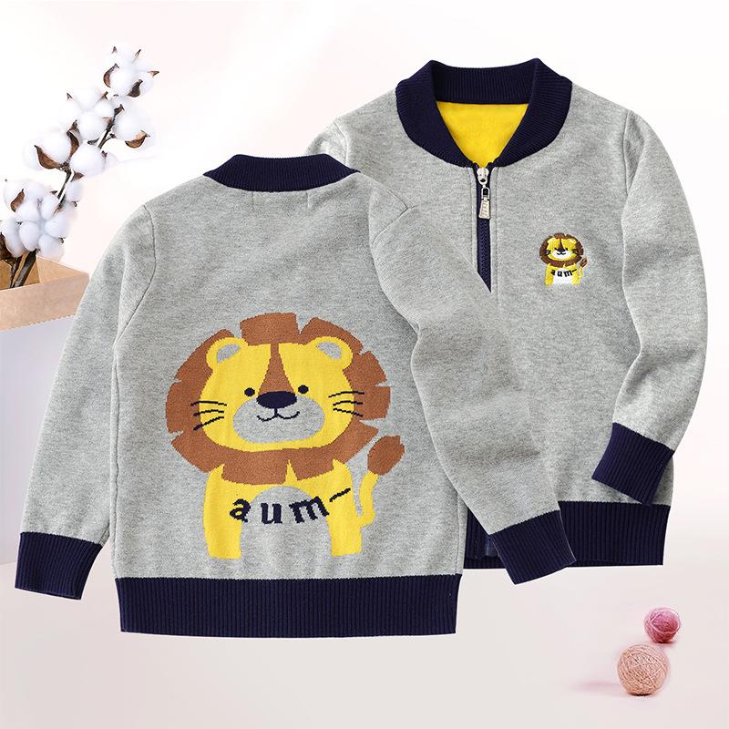 

Детский весенне-осенний вязаный кардиган, вязаная куртка с вышивкой льва, модная трикотажная одежда на молнии для мальчиков спереди