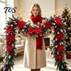 Covered Porch Fence Decoration 5.9Ft Artificial Christmas Poinsettia Garland with Frosted Pine Branch and Red Flexible Plastic Vines Berries, Festive