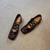 Vintage Crossed Mary Jane Shoes Women's Brown Thick Heel Shoes Pleated Square Ballet Shoes