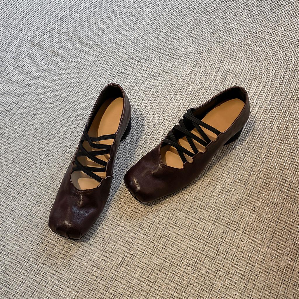 Vintage Crossed Mary Jane Shoes Women's Brown Thick Heel Shoes Pleated Square Ballet Shoes