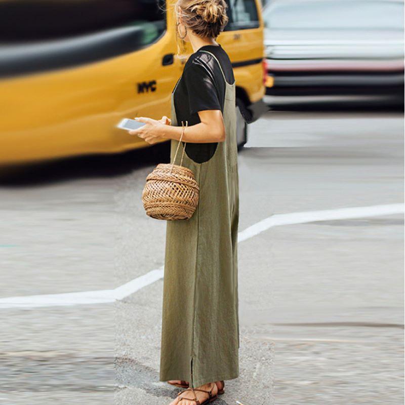 Women's Summer Sleeveless Jumpsuit Solid Color Wide Leg Bib Overalls Casual Loose Straps Dungaree