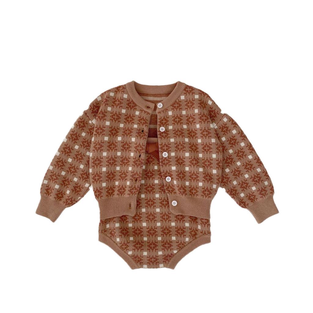 2025 Herbst Kleinkind Mädchen Übergröße Kontrast Strickjacke & Schleife Strampler Set