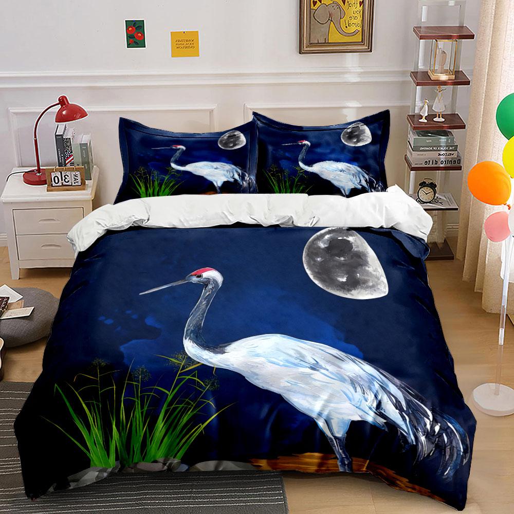 3Pcs Japanese Red-Crowned Crane Bedding Set, Watercolor Crane Under Moon Print Duvet Cover + 2 Pillowcases,Exquisite Gifts