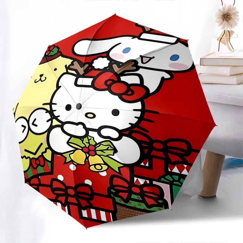 1pc Hello Kitty Christmas Edition Automatic Opening/Closing Umbrella with Festive Bow Design - Portable Three-Fold Iron Frame Outdoor Umbrella for Fan