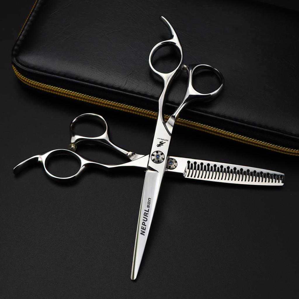6.0-inch Napson Offset Thinning & Serrated Hairdressing Scissors with Carved Screws