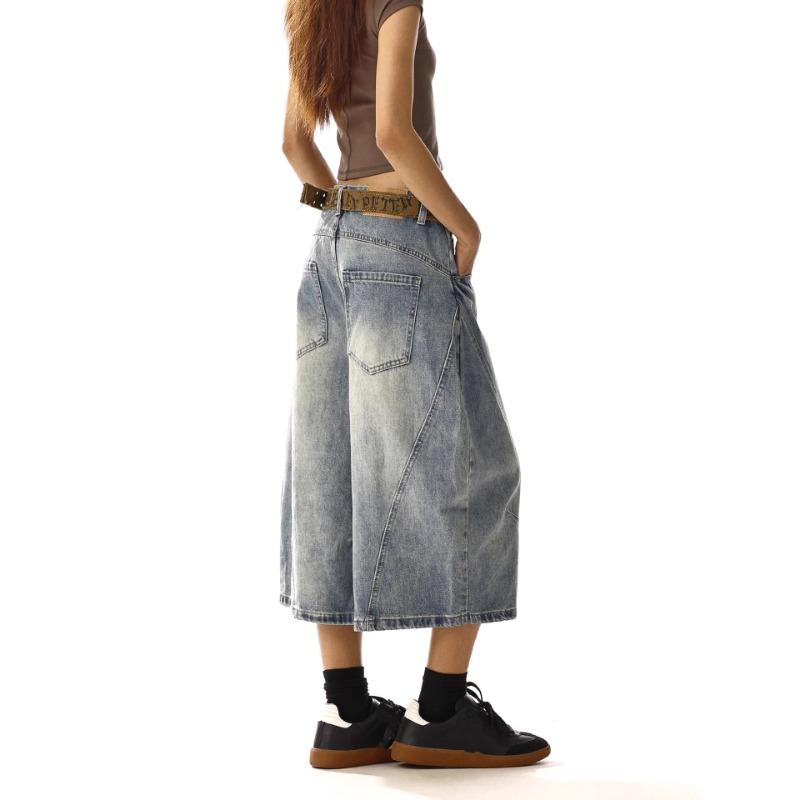 Women Baggy Wide Leg Denim Culottes Vintage Washed Loose Cropped Jeans