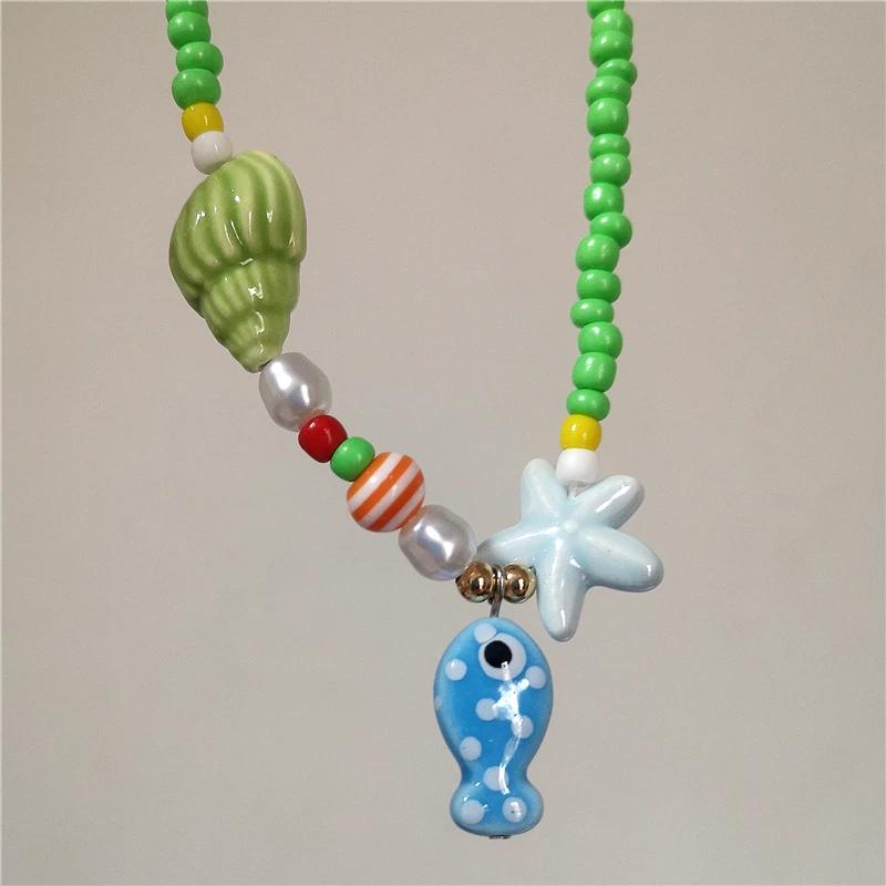Collar Gargantilla de Cuentas con Colgante de Pez y Estrella de Mar de Cerámica Colorida de Verano para Mujer Accesorios de Joyería Romántica Boho de Playa