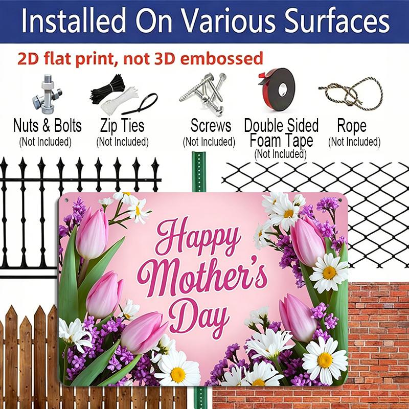 2D Flat, 1pc "Happy Mother's Day" Tulip & Daisy Floral Plaque, 12"×8" - Pink & Purple Flower Decor Sign - Aluminium Wall Hanging Decoration, Sweet