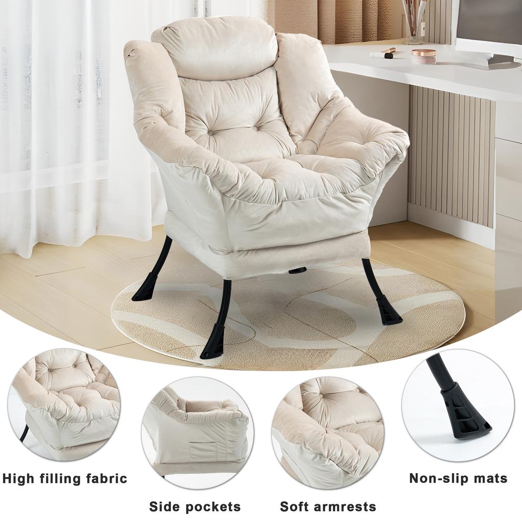 Lazy Chair, Relaxing Chair with Metal Frame and a Side Pocket, Simple Style Comfy Chairs for Bedrooms Living Room Balcony