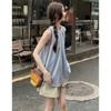 Women's New Summer Style Light Blue Halterneck Off-shoulder Sleeveless Vest Loose Casual Top