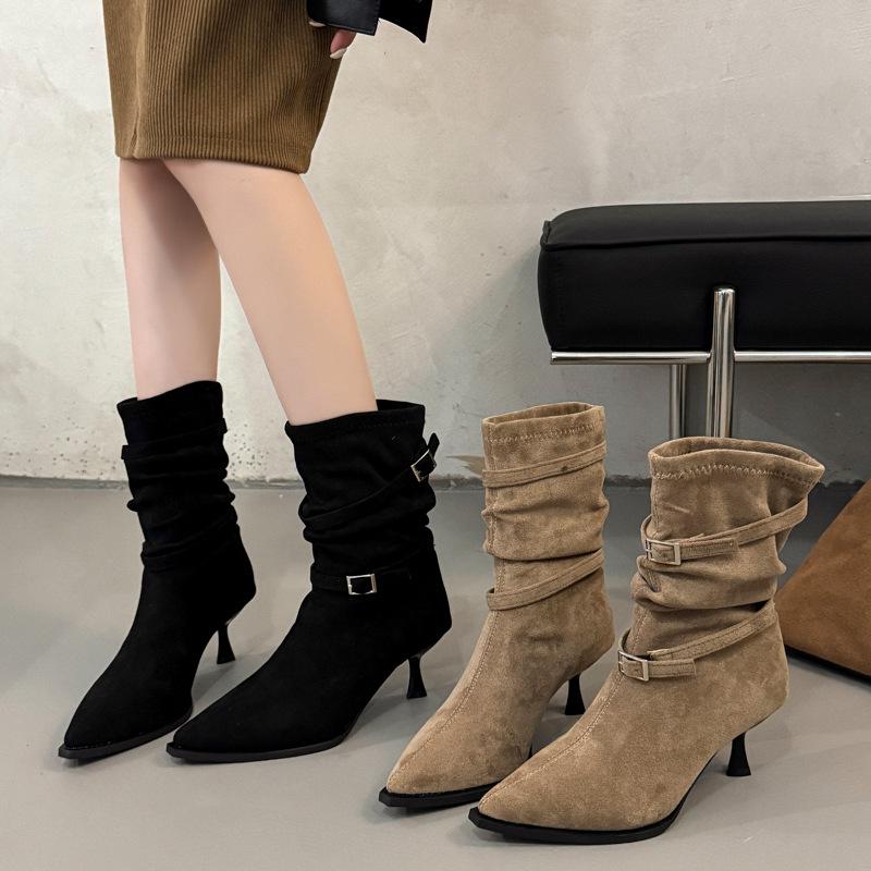 Foreign temperament thin heel high heel pointed thin short boots women's 2025 new autumn and winter versatile pleated pile naked boots