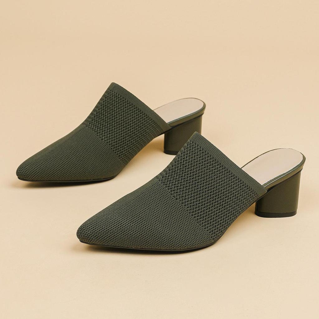 Damen Große Größe Frühling Spitzschuh Dicken Absätzen Sandalen Schuhe Casual Flyknit Blockabsatz Tiefe Öffnung Einfarbig Gestrickte Slipper Schuhe 34-43