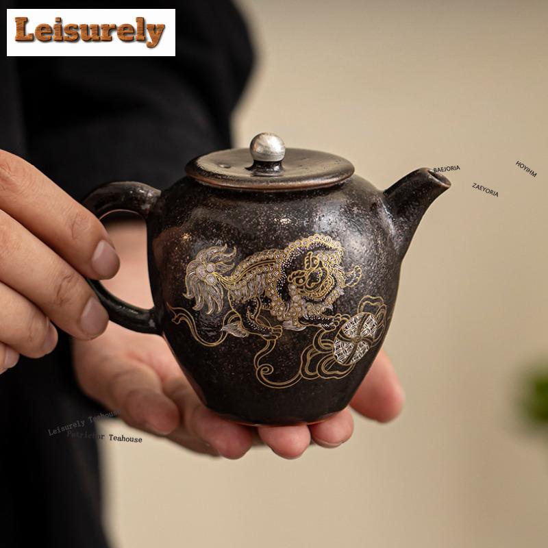 HOYIHM 111ml Gold And Silver Inlaid Black Shino Lion Teapot Handmade Tea Infuser Pot Tea Making Kettle With Strainer Tea Gifts
