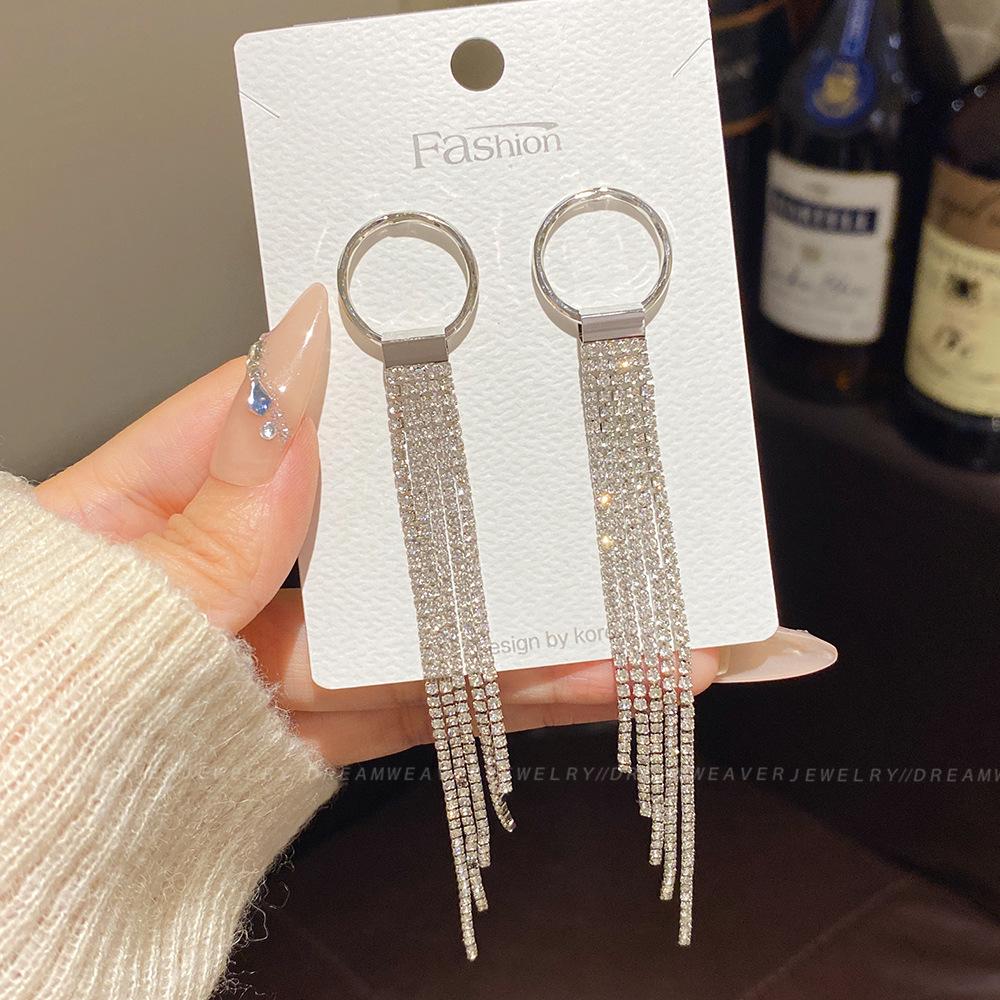 925 Sterling Silver Full Diamond Tassel Earrings – High-End European & American Style, Super Shiny, Luxurious Ear Jewelry for Women.