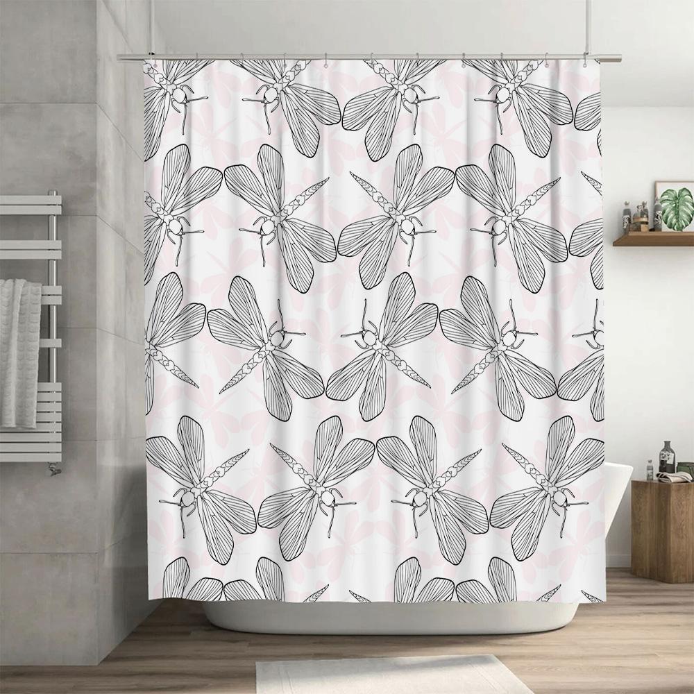 Modern Floral Dragonfly Bath Shower Curtain Set Decor Collection White Black with Rod Holders Included for Bathroom Decoration A