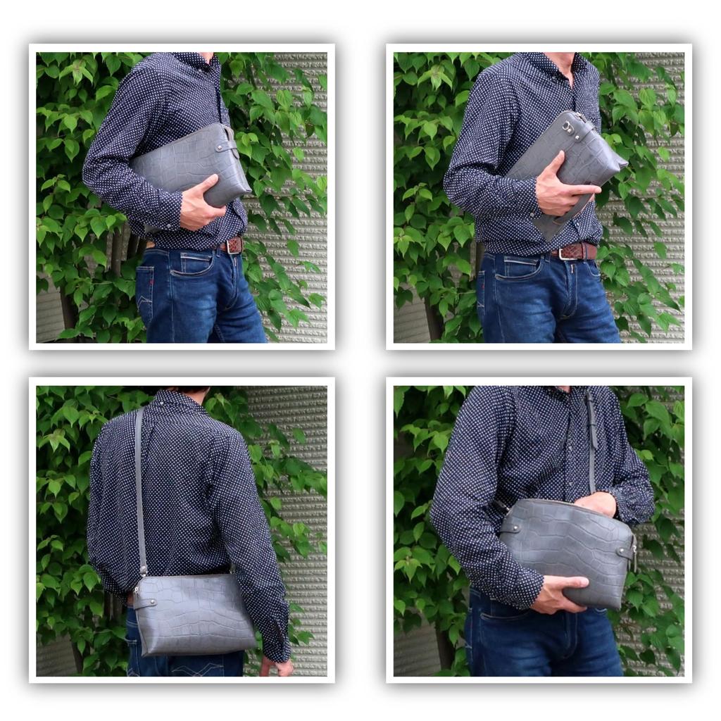 COXSWAIN Men's Crocodile Embossed Leather Clutch Bag In Gray with Strap, CW1605CS GRAY, Made In Japan