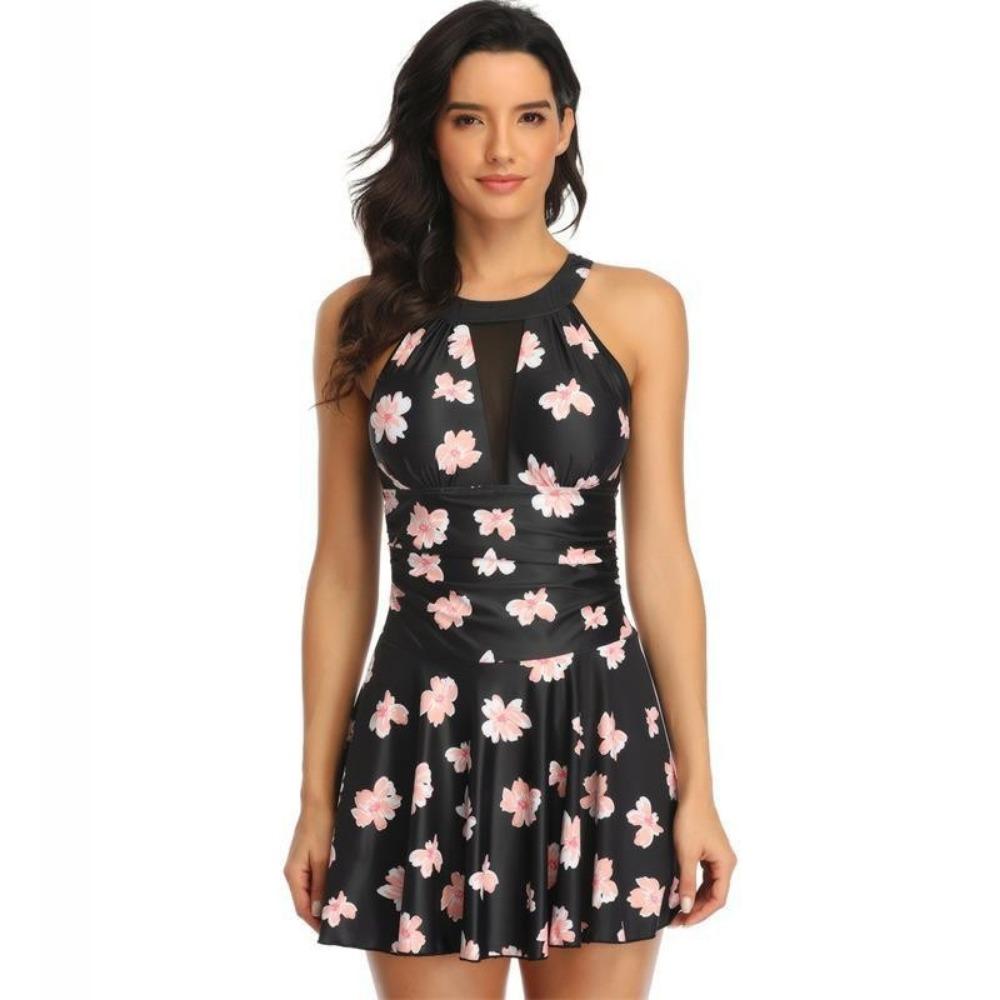 New Sexy Swimsuit Premium Solid Color Dress Mesh Neck Sleeveless One-piece Swimsuit