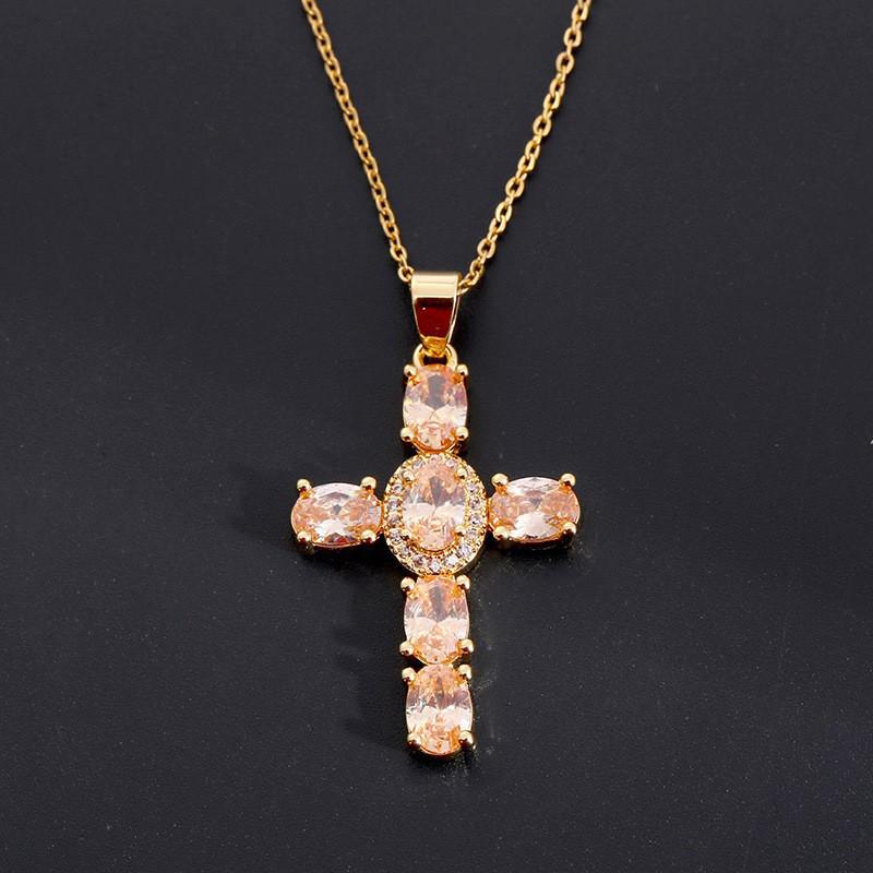 Gold-Plated Multi-Color Zirconia Cross Necklace with Full Diamond Design