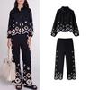 Spring New Women's Clothing French Design Long Sleeves Lapel Hollow Flower Embroider Shirt High Waist Casual Trousers