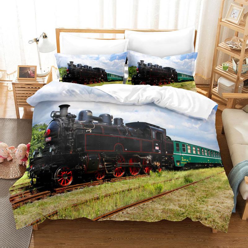 Steam Locomotive, Old-Fashioned, Shabby Train, Transportation, Digital Printing, Three-Piece Bed Sheet