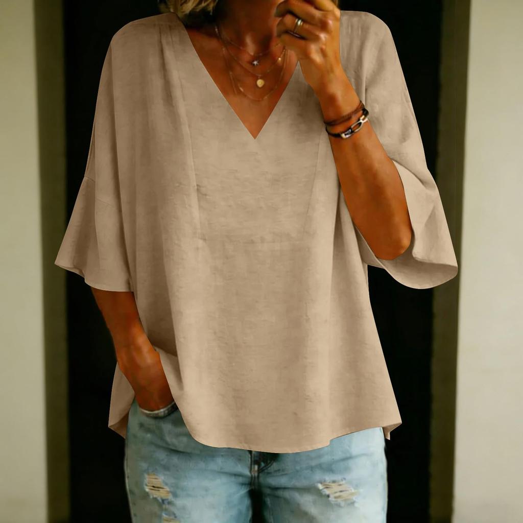 Women Lightweight Loose V Neck Tops Casual 3/4 Sleeve Linen Shirts
