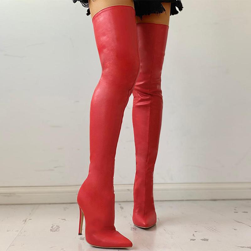Botas rojas sexys por encima de la rodilla, zapatos de invierno para mujer, tacones altos, botas altas hasta el muslo, botas largas de cuero gótico punk negras con cremallera