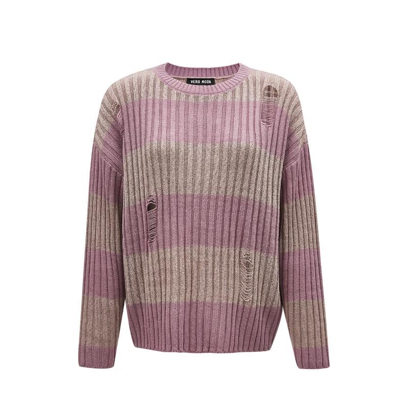 Veromoda Distressed Color-Block Striped Knit Sweater