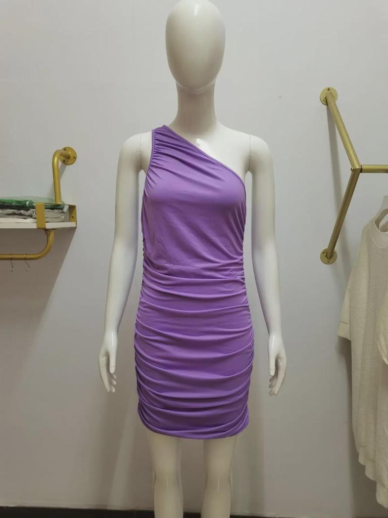 2022 Summer European & American Solid Color Pleated Off-Shoulder Dress