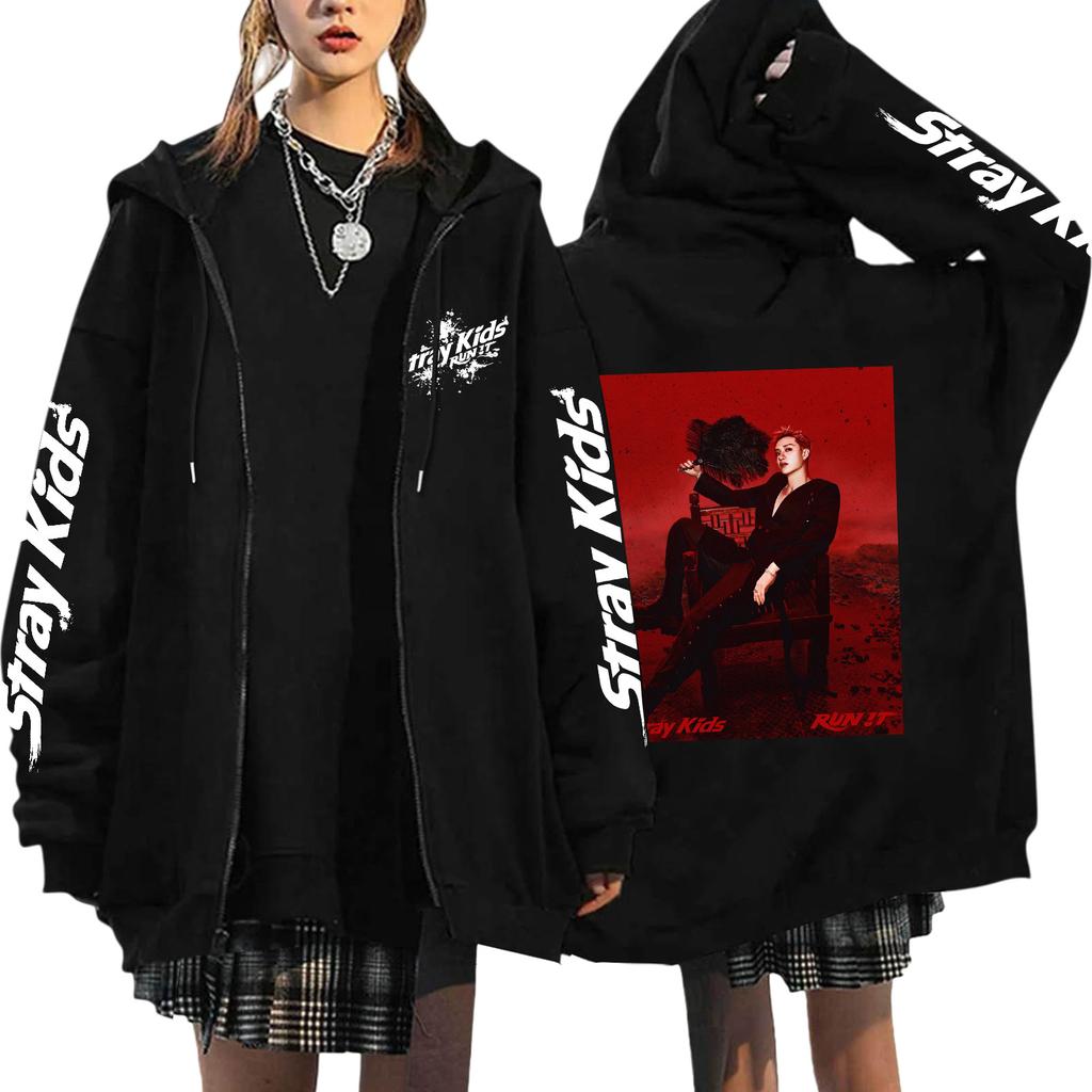 Graphic Print Loose Fit Zip Up Hoodie for Casual Streetwear