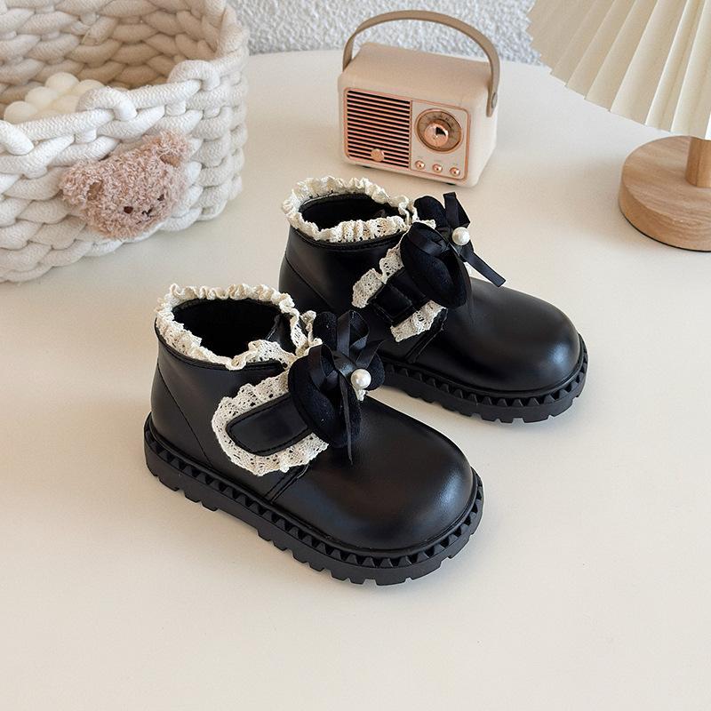 

Botas Girls Shoes Autumn Kids Lace Edge Ankle Boots Comfort Anti Slip Girls Bow Leather Boots Zapatos De Mujer 21 чорний