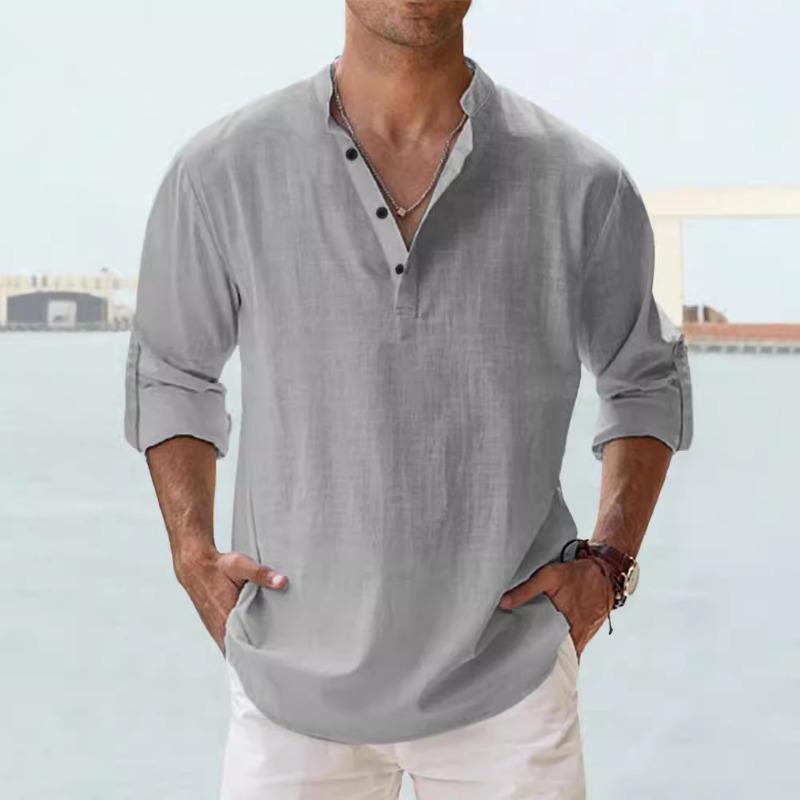 T-shirt da Uomo in Lino a Collo Alto a Maniche Lunghe Felpa Larga Tinta Unita Camicia da Uomo a Maniche Lunghe in Cotone Lino