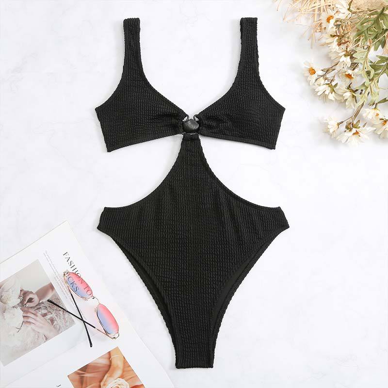 New Sexy Slim One-piece Swimsuit for Women Wavy Pattern Solid Color One-piece Swimsuit