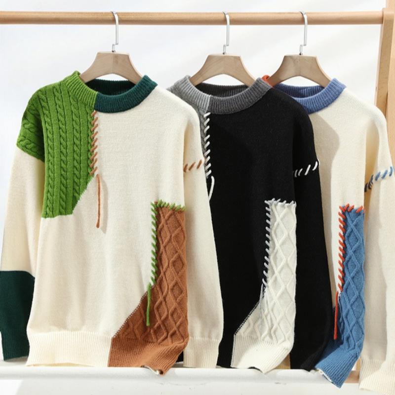 Men's Autumn and Winter Patchwork Knitted Sweater Loose Warm Sweater